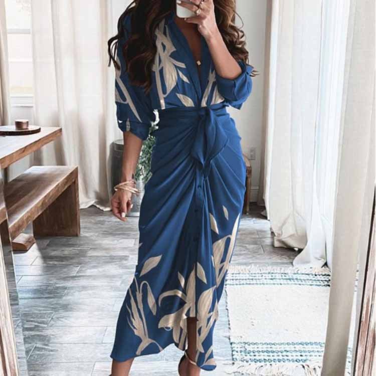 Sexy Printed Pleated Irregular Tie Dress