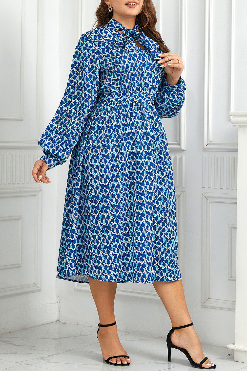 Plus Size Printed Tie Neck Midi Dress