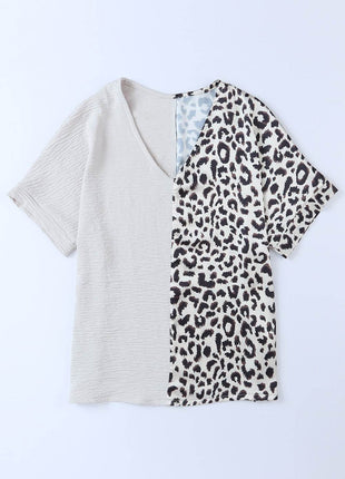 Leopard Color Block V-Neck Blouse - MimiStylez