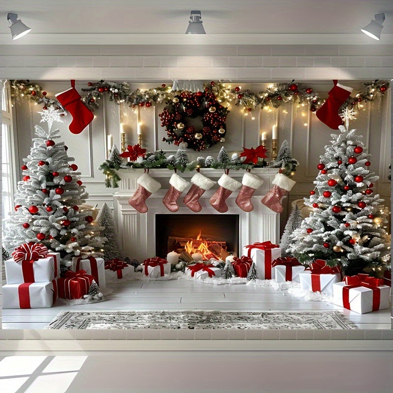 Merry Christmas Backdrop Cloth - White Wooden House, Stockings, Tree & Gifts Design with Snowflakes and Red Balloons - Polyester, Perfect for Living Room, Outdoor Decor, Live Streaming & Photo Booths (39x59" / 70.8x90.5")