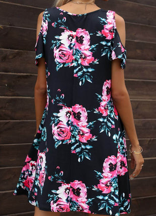 Floral Round Neck Cold-Shoulder Dress - MimiStylez