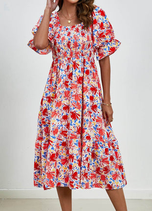 Smocked Floral Square Neck Short Sleeve Dress - MimiStylez