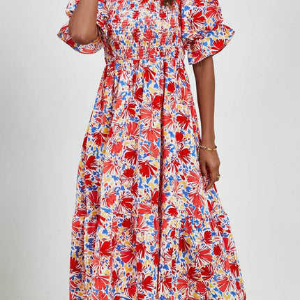 Smocked Floral Square Neck Short Sleeve Dress - MimiStylez