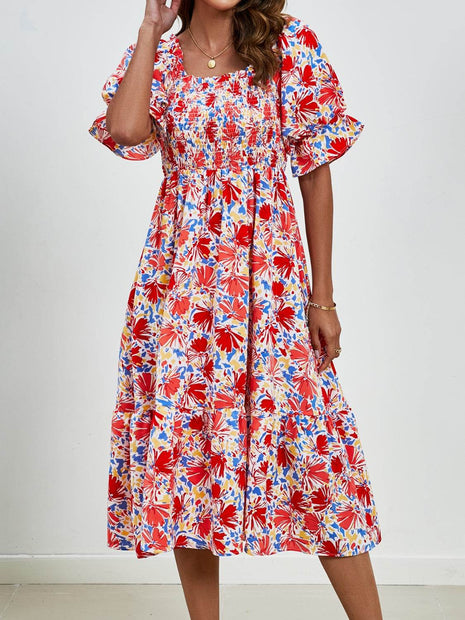 Smocked Floral Square Neck Short Sleeve Dress - MimiStylez