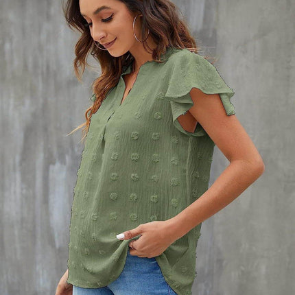 Swiss Dot Notched Cap Sleeve Blouse - MimiStylez