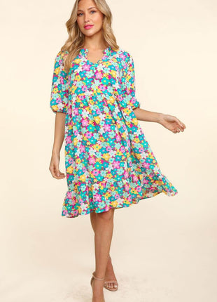 Haptics Bubble Sleeve Floral Ruffled Dress - MimiStylez