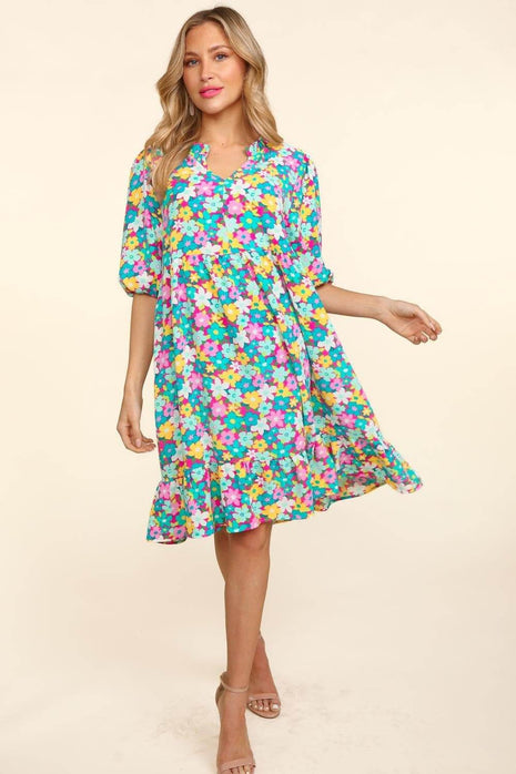 Haptics Bubble Sleeve Floral Ruffled Dress - MimiStylez