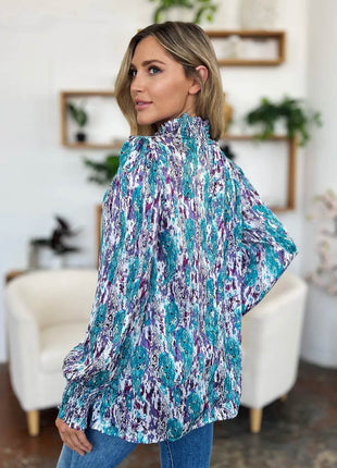 Double Take Full Size Printed Smocked Long Sleeve Blouse - MimiStylez