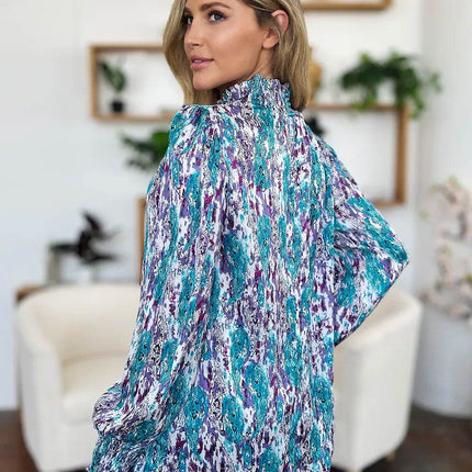 Double Take Full Size Printed Smocked Long Sleeve Blouse - MimiStylez