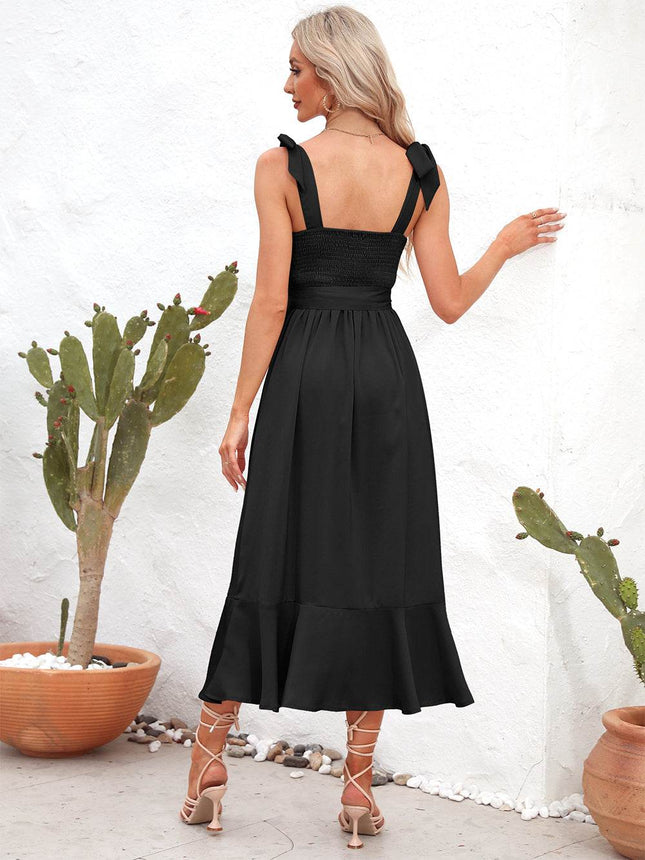 Square Neck Tie Strap Midi Dress - MimiStylez