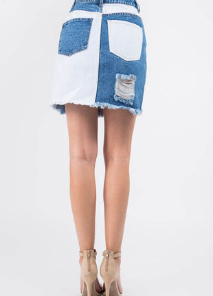 American Bazi Contrast Patched Frayed Denim Distressed Skirts - MimiStylez
