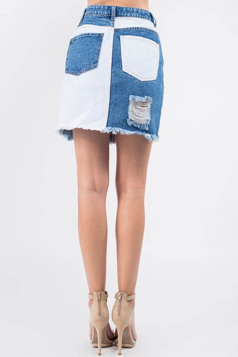 American Bazi Contrast Patched Frayed Denim Distressed Skirts - MimiStylez