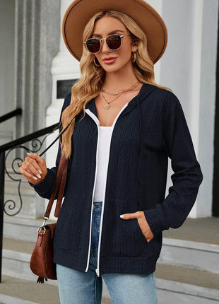 Drawstring Zip Up Long Sleeve Hoodie - MimiStylez