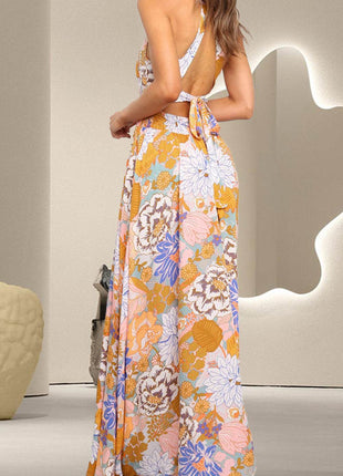 Tied Printed Grecian Sleeveless Maxi Dress - MimiStylez