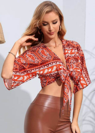 Printed Tie Front Cropped Dolman Sleeve Blouse - MimiStylez
