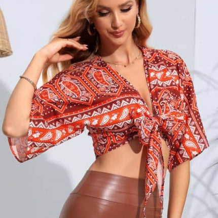 Printed Tie Front Cropped Dolman Sleeve Blouse - MimiStylez