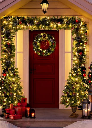 4PC Pre-lit Xmas Tree Artificial Christmas Set - Includes Garland, Wreath And Set Of 2 Entrance Trees