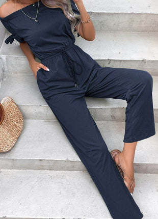 Off-Shoulder Tie Cuff Jumpsuit with Pockets - MimiStylez
