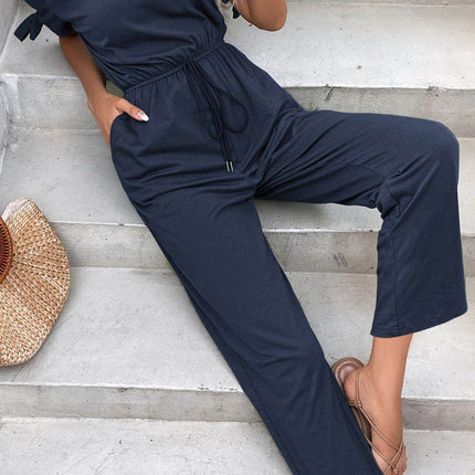 Off-Shoulder Tie Cuff Jumpsuit with Pockets - MimiStylez