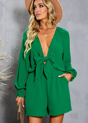 Tied Flounce Sleeve Plunge Romper - MimiStylez