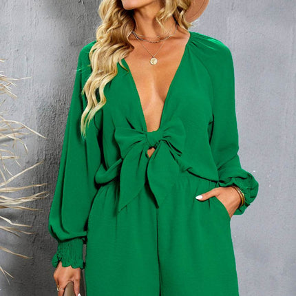 Tied Flounce Sleeve Plunge Romper - MimiStylez