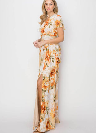 HYFVE Floral Tie Back Short Sleeve Slit Maxi Dress - MimiStylez