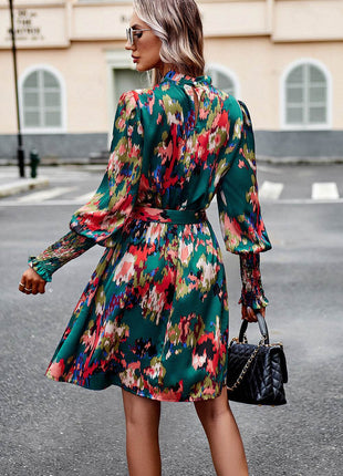 Printed Tie Waist Mock Neck Lantern Sleeve Dress - MimiStylez