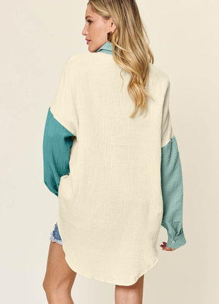 Double Take Full Size Pocketed Texture Button Up Shirt - MimiStylez