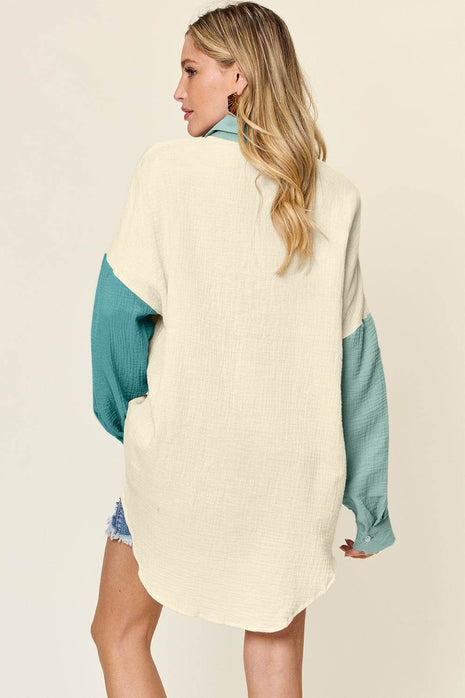 Double Take Full Size Pocketed Texture Button Up Shirt - MimiStylez