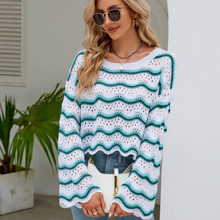 Round Neck Openwork Flare Sleeve Knit Top - MimiStylez