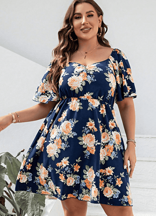 Plus Size Floral Print V-Neck Flutter Sleeve Mini Dress - MimiStylez