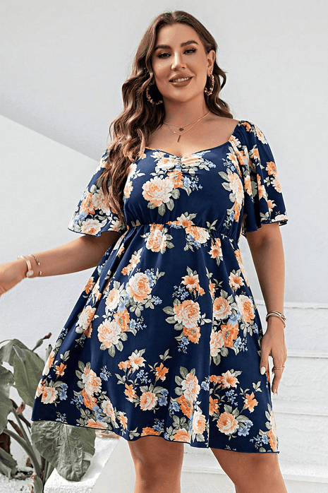 Plus Size Floral Print V-Neck Flutter Sleeve Mini Dress - MimiStylez