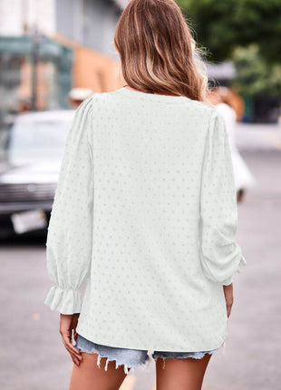 Swiss Dot Notched Neck Flounce Sleeve Blouse - MimiStylez