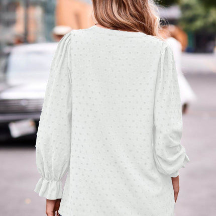 Swiss Dot Notched Neck Flounce Sleeve Blouse - MimiStylez