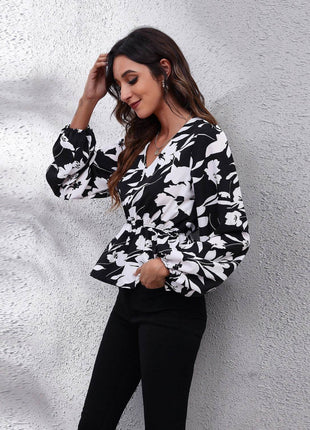 Floral V-Neck Balloon Sleeve Peplum Blouse - MimiStylez