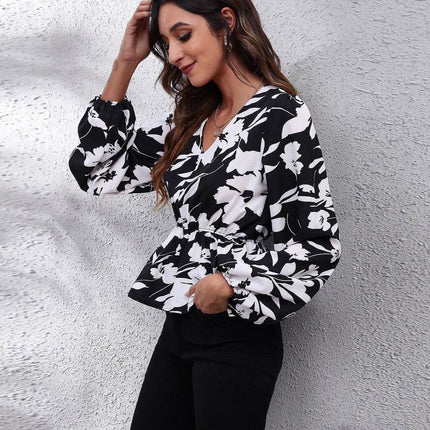 Floral V-Neck Balloon Sleeve Peplum Blouse - MimiStylez
