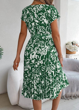Tied Pleated Printed Short Sleeve Dress - MimiStylez