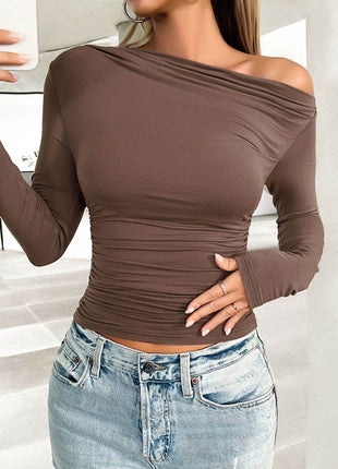 Ruched One Shoulder Long Sleeve T-Shirt - MimiStylez
