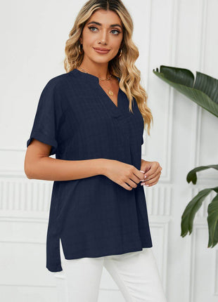 Side Slit Notched Neck Cuffed Short Sleeve Blouse - MimiStylez