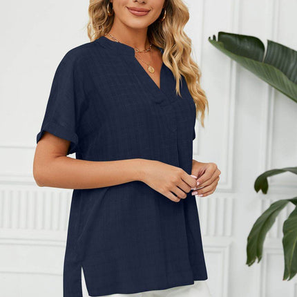 Side Slit Notched Neck Cuffed Short Sleeve Blouse - MimiStylez