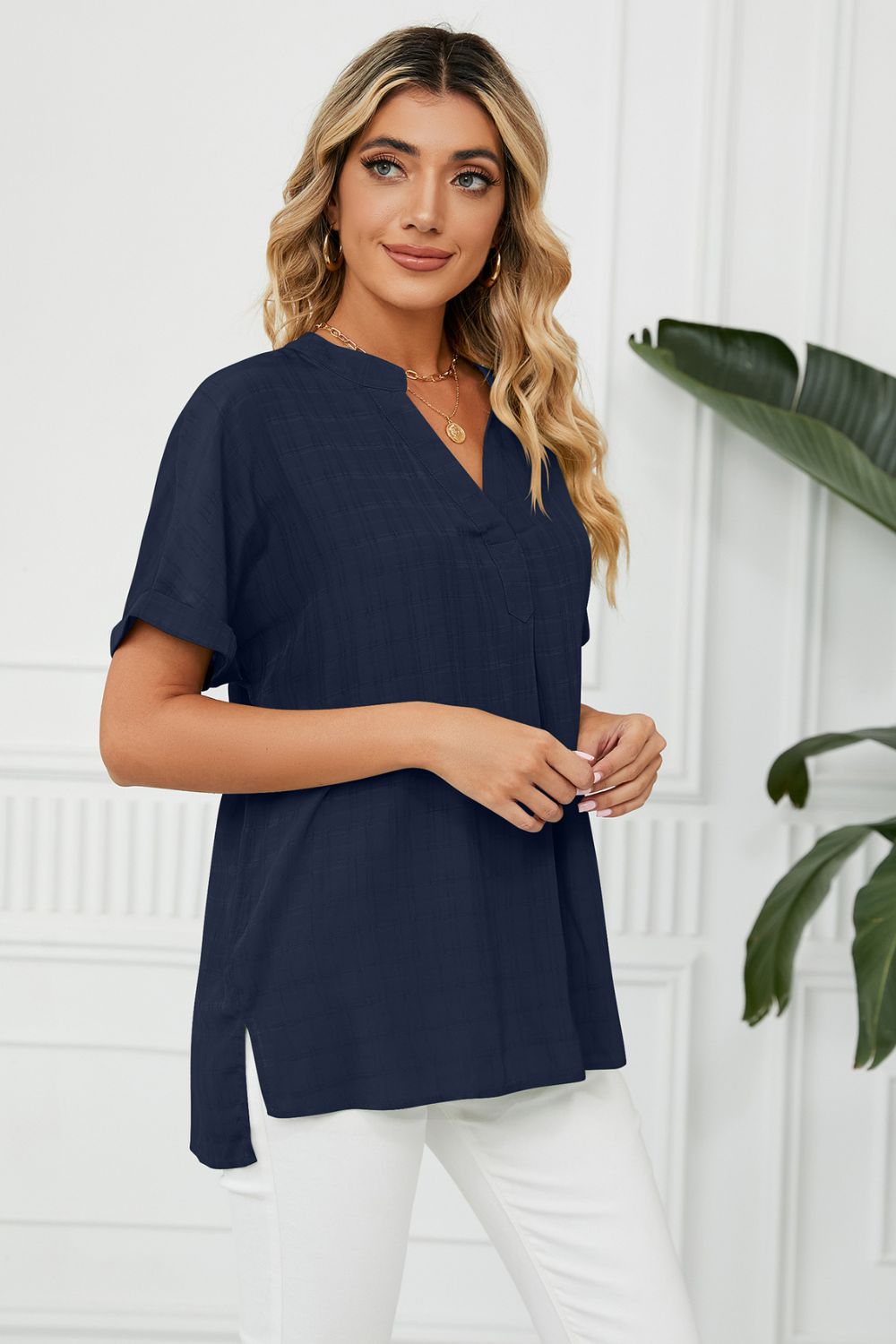 Side Slit Notched Neck Cuffed Short Sleeve Blouse