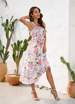 Smocked Printed Square Neck Midi Dress - MimiStylez