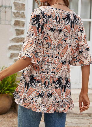 Printed Flounce Sleeve Ruffle Hem Blouse - MimiStylez