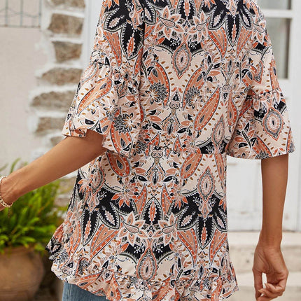 Printed Flounce Sleeve Ruffle Hem Blouse - MimiStylez
