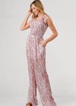 GeeGee Printed Tie Shoulder Wide Leg Jumpsuit - MimiStylez