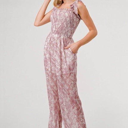 GeeGee Printed Tie Shoulder Wide Leg Jumpsuit - MimiStylez