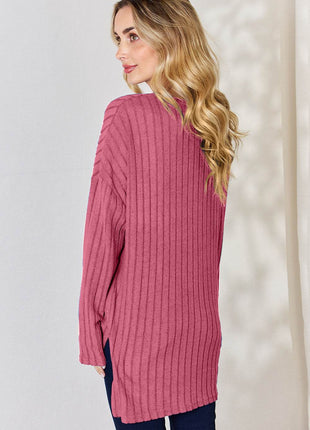 Basic Bae Full Size Ribbed Half Button Long Sleeve High-Low T-Shirt - MimiStylez