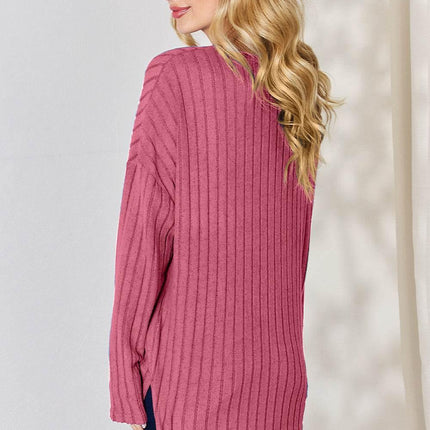 Basic Bae Full Size Ribbed Half Button Long Sleeve High-Low T-Shirt - MimiStylez