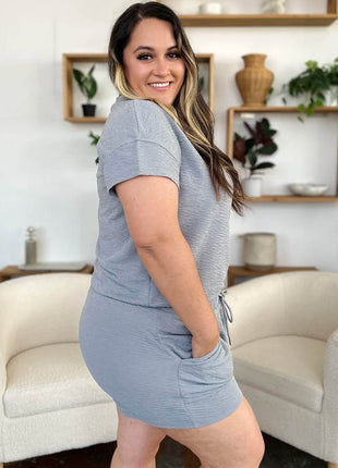 Double Take Full Size Texture Short Sleeve T-Shirt and Drawstring Shorts Set - MimiStylez