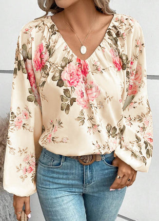 Floral V-Neck Balloon Sleeve Blouse - MimiStylez